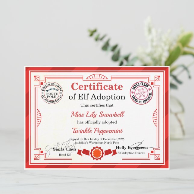 Convites Official North Pole Elf Adoption Certificate  (Em pé/Frente)