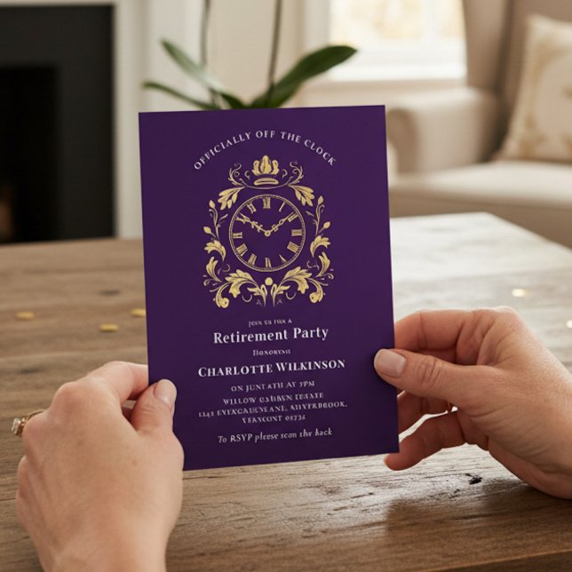 Convites Officially Off The Clock Gold Scroll Retirement  (Criador carregado)