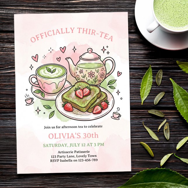 Convites Officially Thir-tea Matcha Birthday Brunch Tea (Matcha Tea Party Invite - for brunch or afternoon tea - easy to edit for any milestone, ie twen-tea)