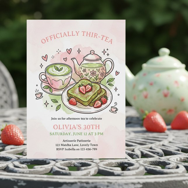 Convites Officially Thir-Tea Matcha Tea Party 30th Birthday (Match Tea Party Invitation - "Officially Thir-tea" 30th birthday (can edit to Twen-Tea, For-Tea etc))