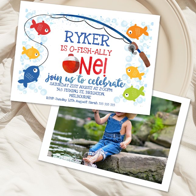 Convites Ofishally Um primeiro aniversario de Bober de Pesc (Colorful Ofishally One 1st Birthday Invitation, O-fish-ally One Invitation, Fishing Birthday Invite)