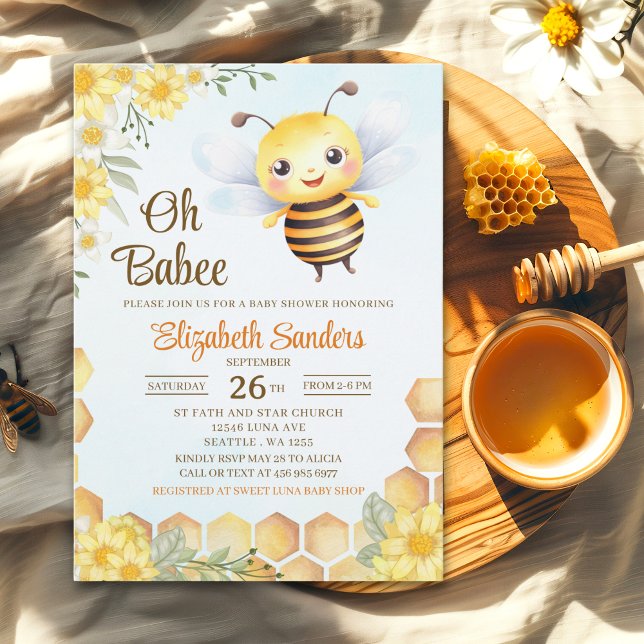 Convites Oh Babee, Baby shower with Cute Wild bee (Criador carregado)