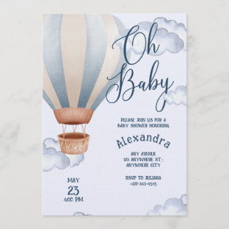 Convites Oh Baby Azul Aquarela Balão de Ar Bebe Recém-Nasci