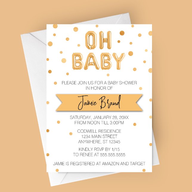 Convites Oh Baby Balão de Folha Dourada Chuvade Bebê (Oh Baby Gold Foil Balloon Letters Baby Shower Invitation - Neutral Baby Shower)