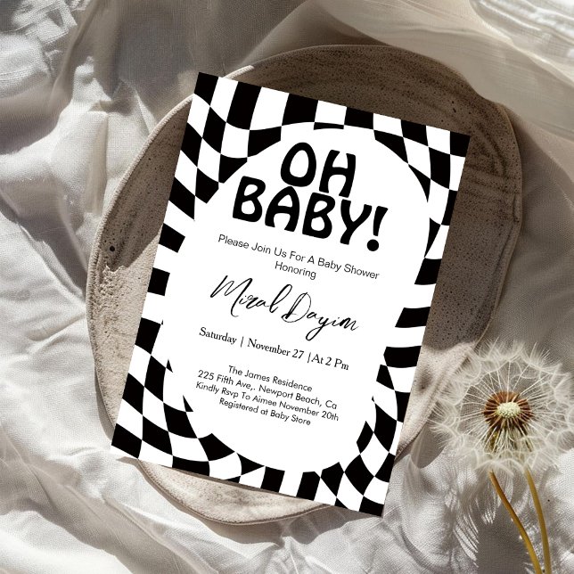 Convites Oh Baby! Black Checkered Modern Baby Shower  (Criador carregado)