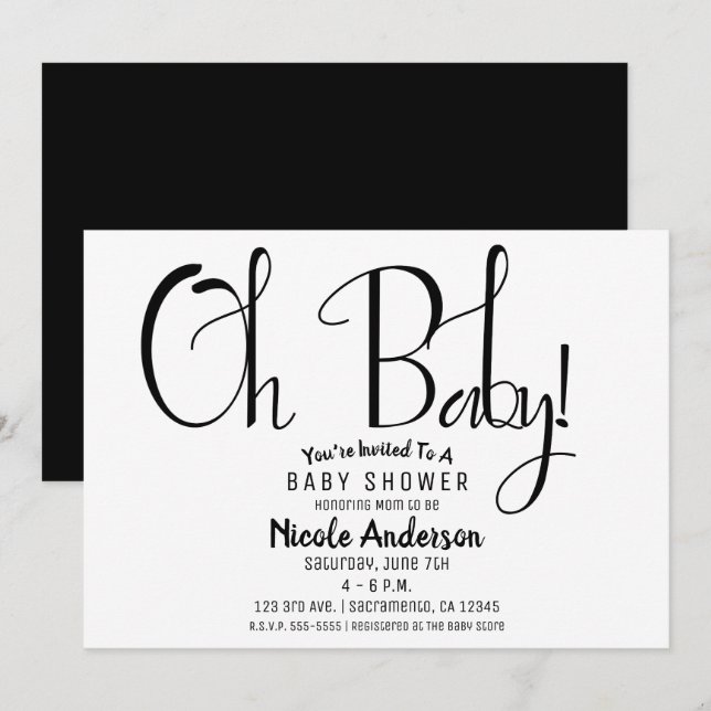 Convites Oh Baby Black Script Modern Minimamente Chá Party (Frente/Verso)