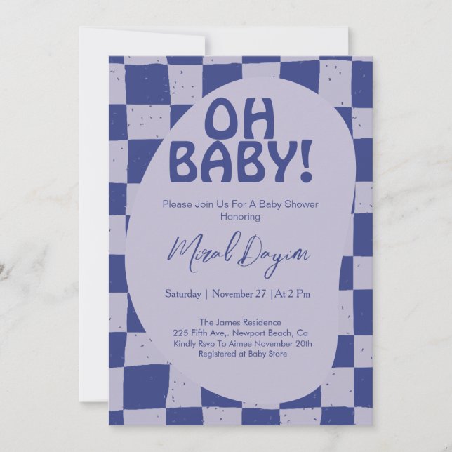 Convites Oh Baby! Blue Checkered Modern Baby Shower (Frente)