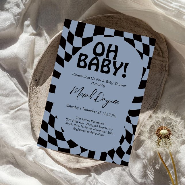 Convites Oh Baby! Blue Checkered Modern Baby Shower  (Criador carregado)
