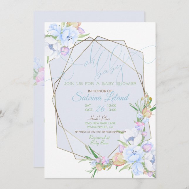 Convites Oh Baby Blue Floral Chá de fraldas Crystal Frame (Frente/Verso)