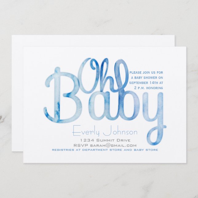 Convites Oh Baby Blue Watercolor Baby Boy Chá (Frente/Verso)