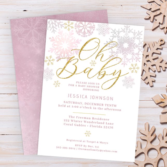 Convites Oh Baby Blush Pink Snowflake Chá Convidar (Oh Baby Winter Wonderland Baby Shower - Pink & Glitter Gold)
