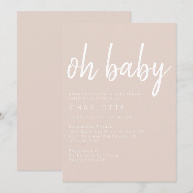 Convites Oh Baby Boho Beige Gênero Inv Chá de fraldas Neutr (Frente/Verso)
