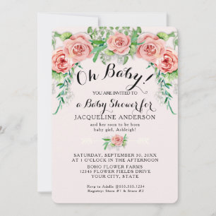 Convites Oh Baby BOHO Menina da Chuva Rosa Floral Script 