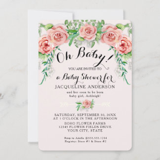 Convites Oh Baby BOHO Menina da Chuva Rosa Floral Script 