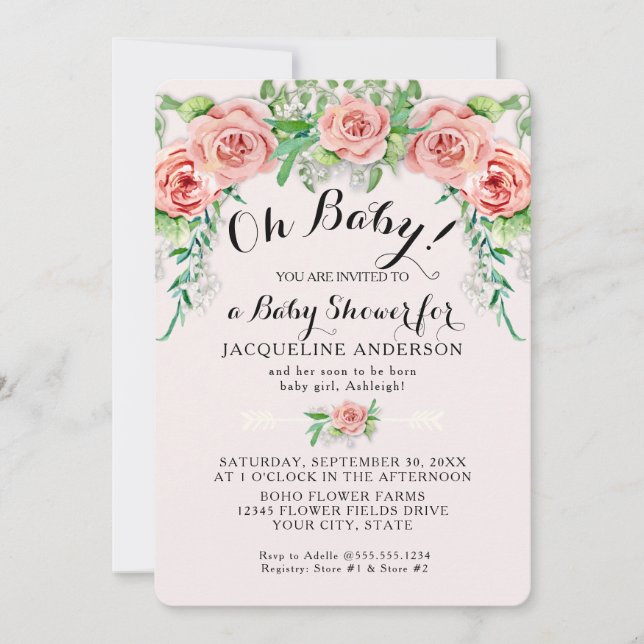Convites Oh Baby BOHO Menina da Chuva Rosa Floral Script  (Frente)
