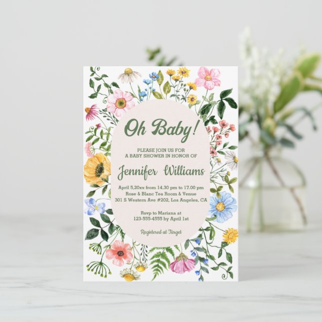 Convites oh baby,chá de fraldas aquarela flores silvestres  (Em pé/Frente)