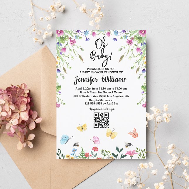 Convites oh baby,chá de fraldas qr código floral flores sil (Criador carregado)