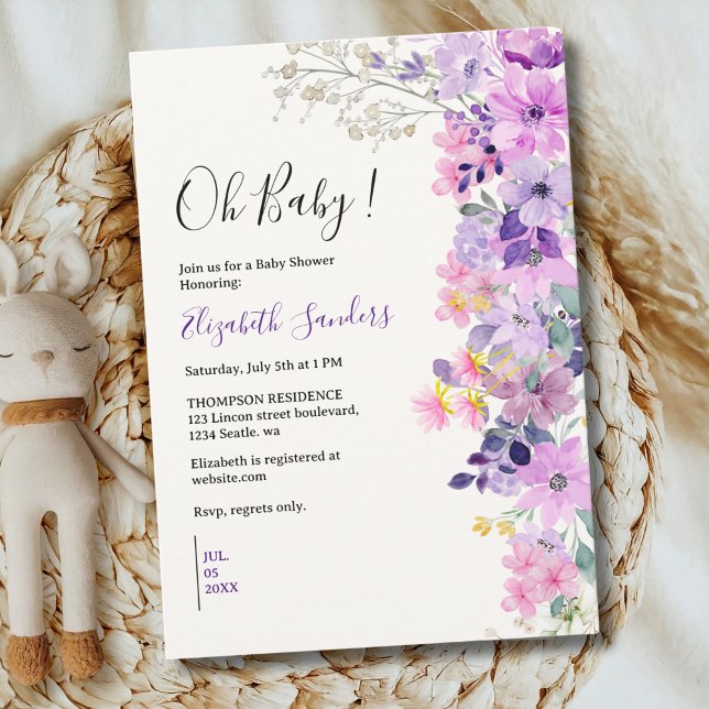 Convites Oh Baby, Cute Baby Shower Purple Spring Flowers (Criador carregado)