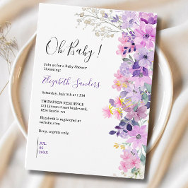 Convites Oh Baby, Cute Baby Shower Purple Spring Flowers