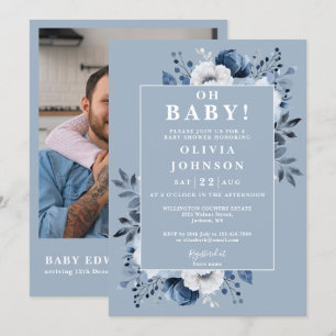 Convites Oh Baby Dusty Blue Floral Foto QR Chã de Bebê