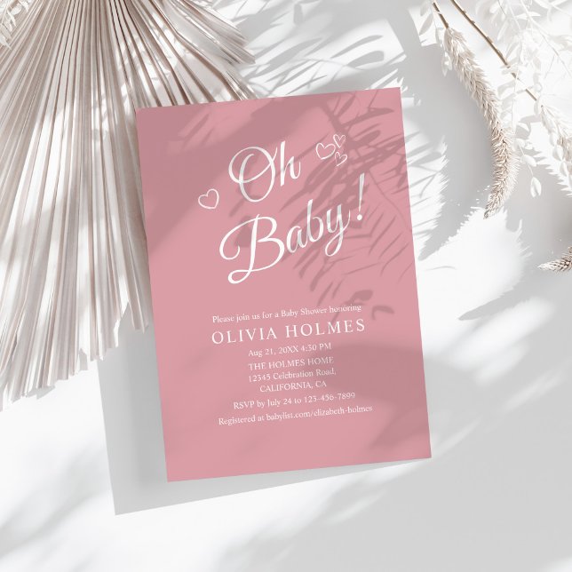 Convites "Oh Baby" Dusty Rosa Moderno Chá de fraldas Minima ("Oh Baby" Dusty Pink Modern Minimalist Baby Shower Invitation on a sunny white boho table.
)