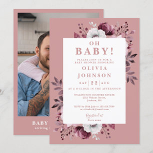 Convites Oh Baby Dusty Rose Floral Foto Chamada de Bebê