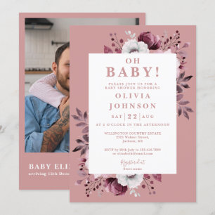 Convites Oh Baby Dusty Rose Floral Foto QR Chã de Bebê
