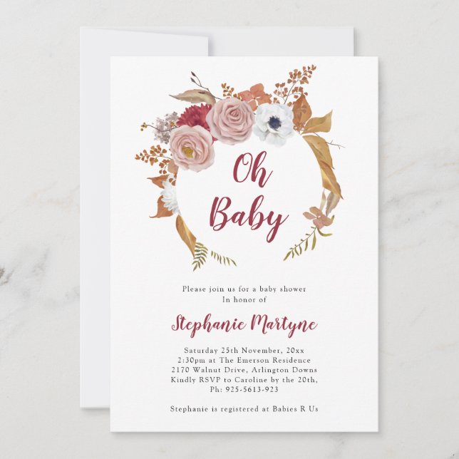 Convites Oh Baby Fall Floral Wreath Chá de fraldas (Frente)
