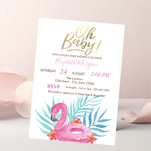 Convites Oh Baby Flamingo Rosa Folhas de Palmeira Hibisco