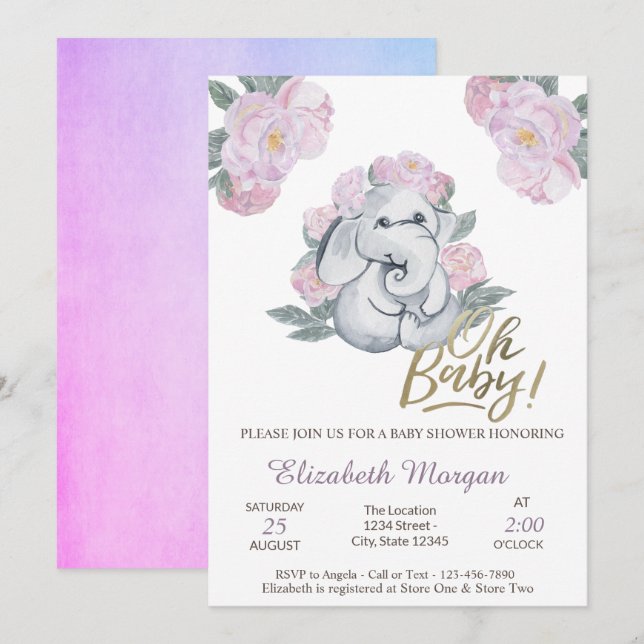 Convites Oh Baby Floral Elefante Chá de Bebê   (Frente/Verso)