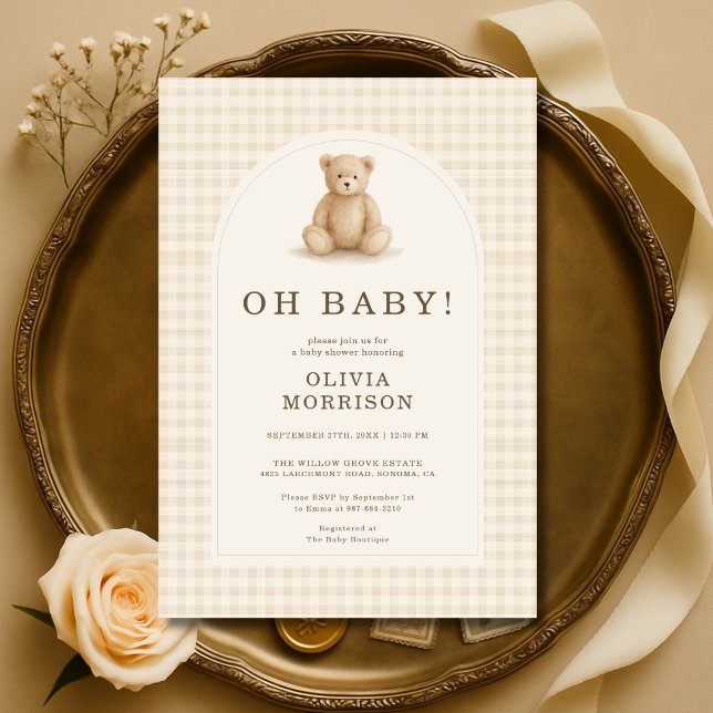 Convites Oh Baby Gingham Teddy Bear Bege Chamada de Bebê (Criador carregado)