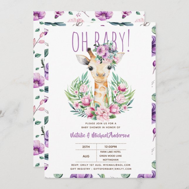 Convites Oh Baby GIRAFFE com Flores Roxas Chá Moderno (Frente/Verso)