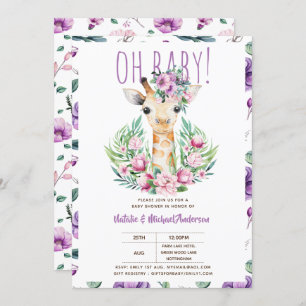Convites Oh Baby GIRAFFE com Flores Roxas Chá Moderno