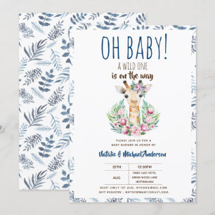 Convites Oh Baby Giraffe Um Animal Safari Selvagem Floral