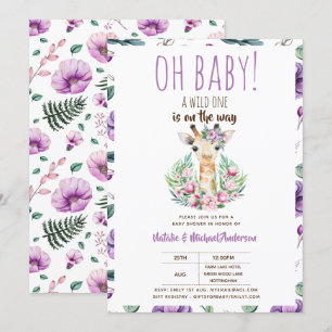 Convites Oh Baby Giraffe Um Animal Safari Selvagem Floral