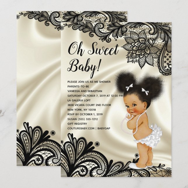 Convites Oh Baby Girl Black Lace & Ivory (Frente/Verso)