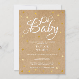 Convites Oh Baby Gold Hearts Baby Shower Rústico Kraft Boho