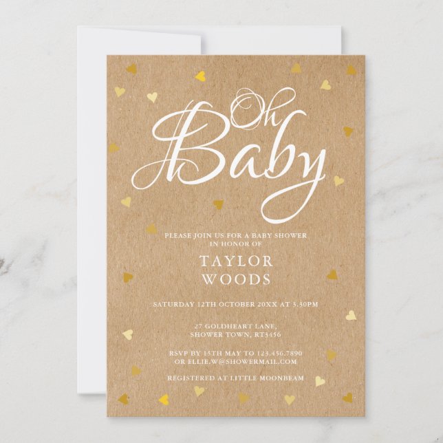 Convites Oh Baby Gold Hearts Baby Shower Rústico Kraft Boho (Frente)