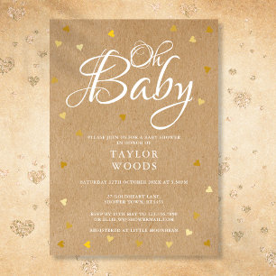 Convites Oh Baby Gold Hearts Baby Shower Rústico Kraft Boho