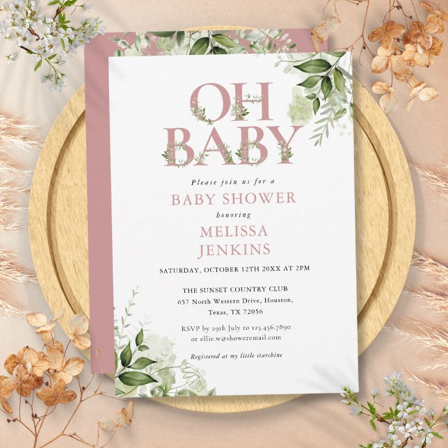 Convites Oh Baby Greenery Dusty Rosa Chá de fraldas (Oh Baby Botanical Greenery Dusty Rose Baby Shower Invitation)