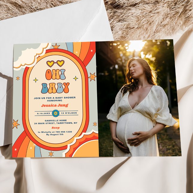 Convites Oh Baby Groovy Retro Rainbow Baby Shower Foto (Criador carregado)