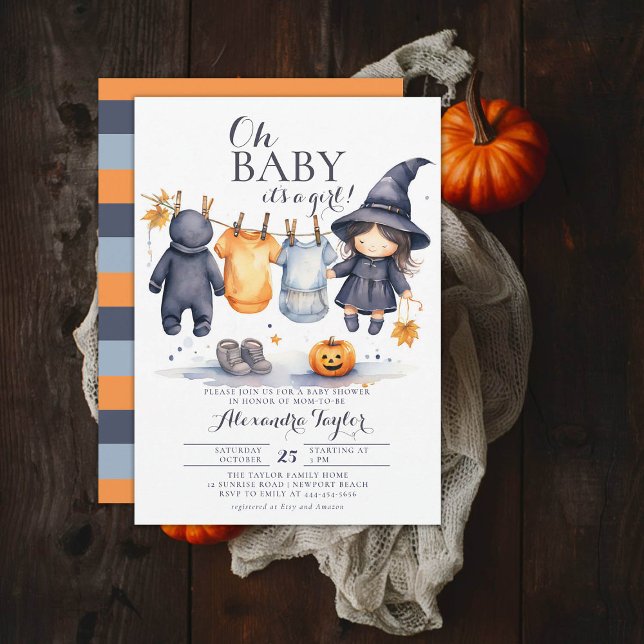 Convites Oh Baby Halloween Fall Outono Chá de Bruxa (october baby shower ideas clothes line invitation halloween novermber fall leaves cute witch)