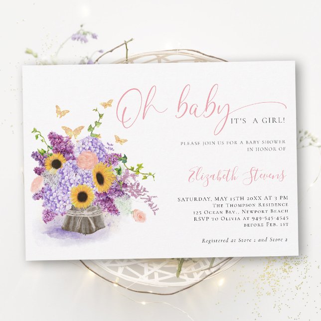 Convites Oh Baby Hidrangea Rústica Borboletas Chás de Bebê (girl baby shower invitation rustic sunflower hydrangea lilac butterflies gold elegant sweet)