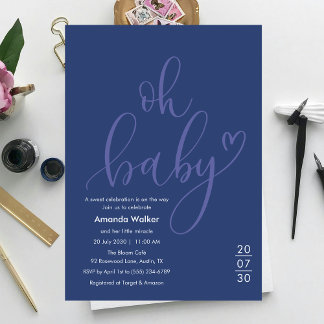 Convites Oh Baby! Minimal Typography Blue Baby Shower 