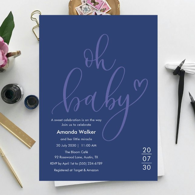 Convites Oh Baby! Minimal Typography Blue Baby Shower  (Oh Baby! Minimal Elegant Blue Script Baby Shower Invitation)