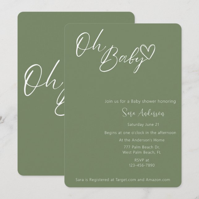 Convites Oh Baby Minimalist Sage Green Chá de fraldas (Frente/Verso)