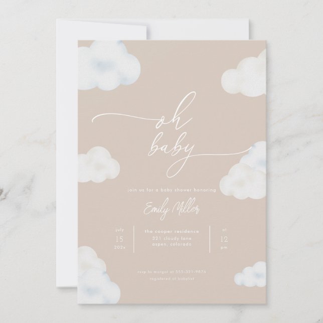 Convites Oh Baby Modern Beige Cloud Invitation (Frente)