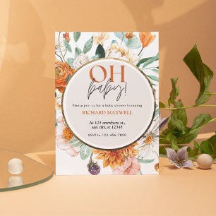 Convites Oh Baby Orange Floral e Dourado Chá de fraldas