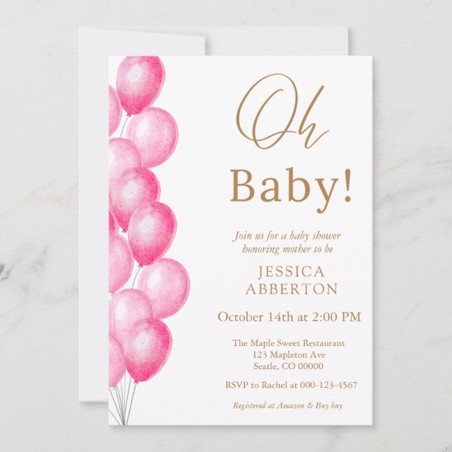 Convites Oh baby! Pink Gold girl baby shower (Frente)