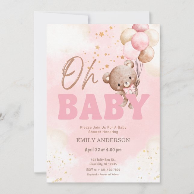 Convites Oh Baby Pink Teddy Bear Balloons Girl Baby Shower  (Frente)